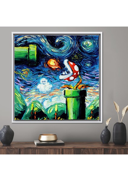 1 Parça Beyaz Çerçeveli Kanvas Tablo Modern Starry Night Duvar Süsü
