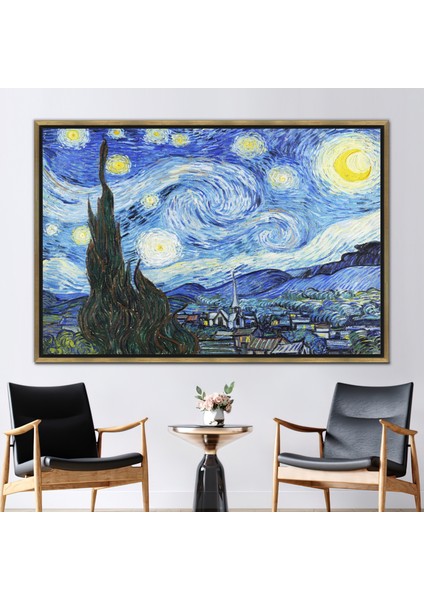 1 Parça Gold Çerçeveli Kanvas Tablo Üreme Kanvas Sanatı Starry Night Kanvas Poster