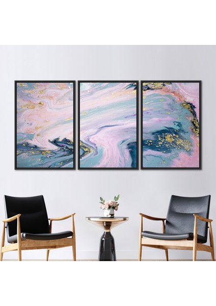 3 Parçalı Siyah Çerçeveli Kanvas Tablo Altın Duvar Süsü Modern Duvar Süsü Gri Mermer Posteri