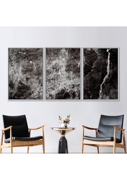 3 Parçalı Beyaz Çerçeveli Kanvas Tablo Taş Doku Sanat Siyah Taş 3 Boyutlu Kanvas