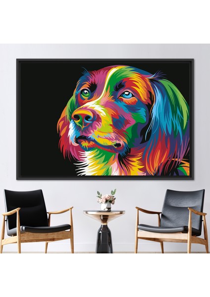 1 Parça Siyah Çerçeveli Kanvas Tablo Gökkuşağı 3 Boyutlu Kanvas Renkli Köpek Baskılı