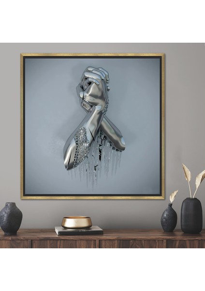 1 Parça Gold Çerçeveli Kanvas Tablo 3D Gümüş El Çağdaş Duvar Süsü 3D Gümüş Metalik Duvar Süsü