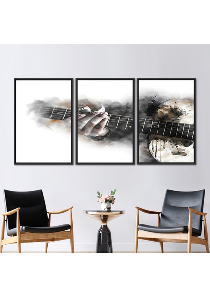 3 Parçalı Siyah Çerçeveli Kanvas Tablo Müzik Odası Duvar Dekoru Müzik Enstrümanları Sanat Eseri