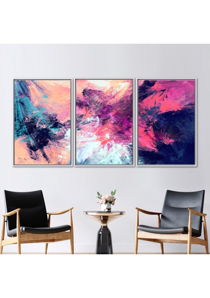 3 Parçalı Beyaz Çerçeveli Kanvas Tablo Modern Duvar Süsü Pembe 3 Boyutlu Kanvas Soyut Duvar Dekor