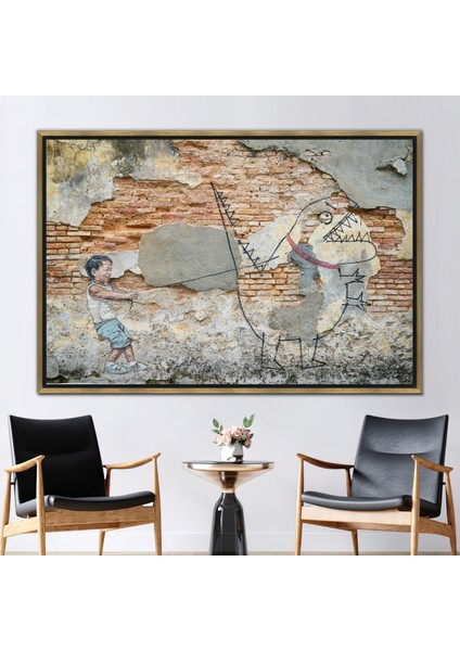 1 Parça Gold Çerçeveli Kanvas Tablo Peneng Kanvas Baskı Grafiti Kanvas Dekor Dino Street Sanat Es