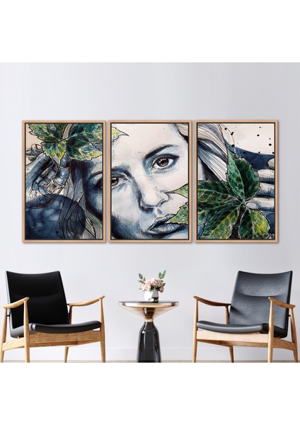 3 Parçalı Naturel Çerçeveli Kanvas Tablo Çağdaş Duvar Süsü Portait Duvar Dekoru