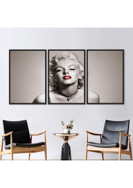 3 Parçalı Siyah Çerçeveli Kanvas Tablo Beutiful Kadın Kanvas Dudak 3 Boyutlu Kanvas