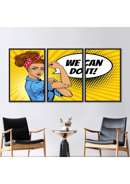 3 Parçalı Siyah Çerçeveli Kanvas Tablo Kadın Gücü Baskılı Modern Sanat Işyeri Baskılı
