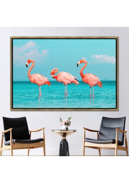 1 Parça Gold Çerçeveli Kanvas Tablo Modern Sanat Pembe Flamingo Baskılı Yaz 3 Boyutlu Kanvas