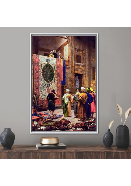 1 Parça Beyaz Çerçeveli Kanvas Tablo Üreme Baskılı Kahire'deki Halı Pazarı Posteri