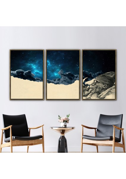 3 Parçalı Gold Çerçeveli Kanvas Tablo Gerçeküstücülük Duvar Süsü Soyut Sanat