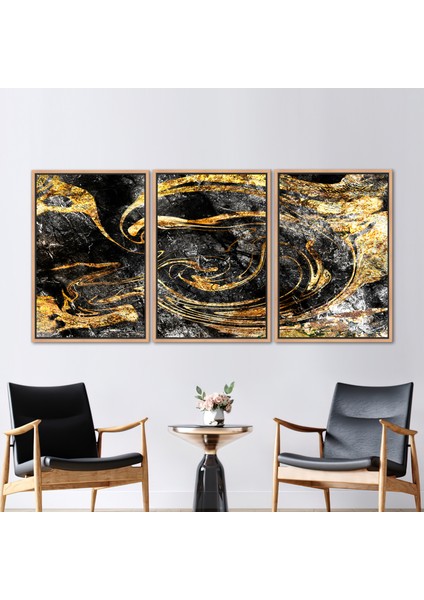 3 Parçalı Naturel Çerçeveli Kanvas Tablo Siyah ve Altın Duvar Dekoru Altın Duvar Süsü
