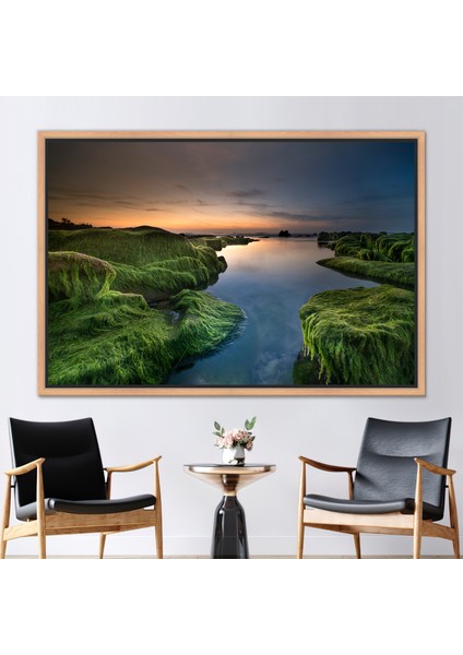 1 Parça Naturel Çerçeveli Kanvas Tablo Deniz Manzarası Duvar Dekoru Yeşil Yosun Kanvas