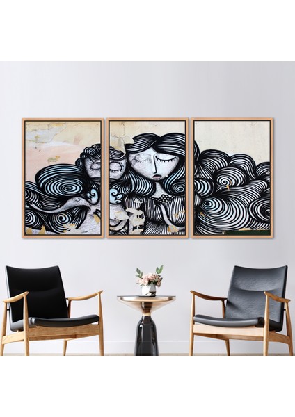 3 Parçalı Naturel Çerçeveli Kanvas Tablo Kadın ve Erkek Posteri Grafiti Sanat Eseri
