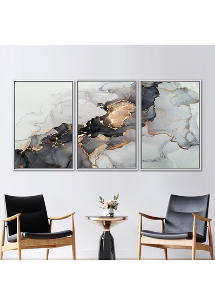 3 Parçalı Beyaz Çerçeveli Kanvas Tablo Siyah Altın Mermer Soyut Sanat Eseri