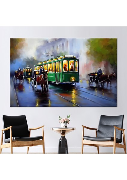 1 Parça Kanvas Tablo Yağlı Boya Baskısı Eski Tramvay Duvar Süsü Manzara Duvar Dekoru