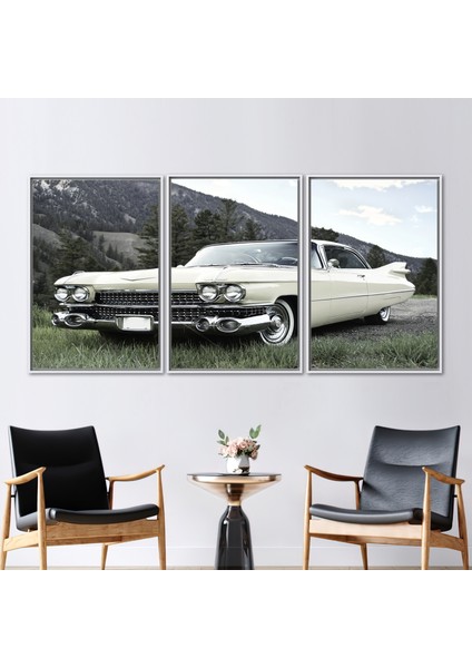 3 Parçalı Beyaz Çerçeveli Kanvas Tablo Araba Sevgilisi Hediyesi Kanvas Dekor Ofis Kanvas