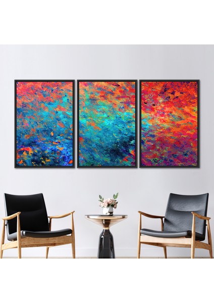3 Parçalı Siyah Çerçeveli Kanvas Tablo Mavi Sanat Modern Renkli Duvar Dekoru