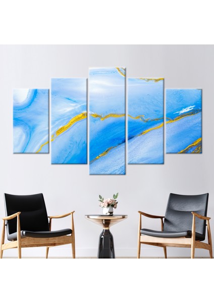 5 Parçalı Mix Kanvas Tablo Mermer Duvar Süsü Mavi ve Altın Kanvas Poster Soyut Duvar Süsü
