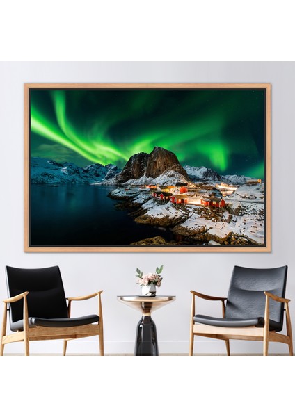 1 Parça Naturel Çerçeveli Kanvas Tablo Northern Lights Manzarası Lofoten Fotoğraf Kanvas
