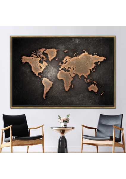 1 Parça Gold Çerçeveli Kanvas Tablo Ofis 3 Boyutlu Kanvas Soyut Dünya Haritası Hediye Kanvas
