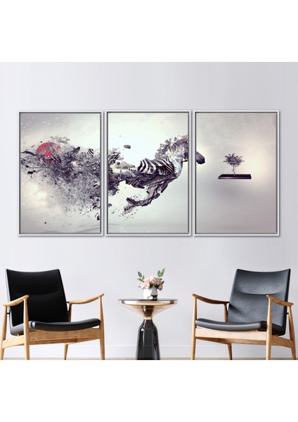 3 Parçalı Beyaz Çerçeveli Kanvas Tablo Sürrealist Kanvas Baskı Hayvan Kanvas Baskı