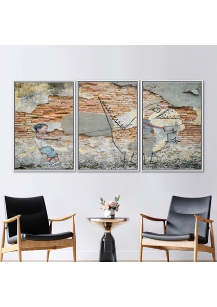 3 Parçalı Beyaz Çerçeveli Kanvas Tablo Soyut Kanvas Dekor Dinozor Sanat Peneng Kanvas Poster