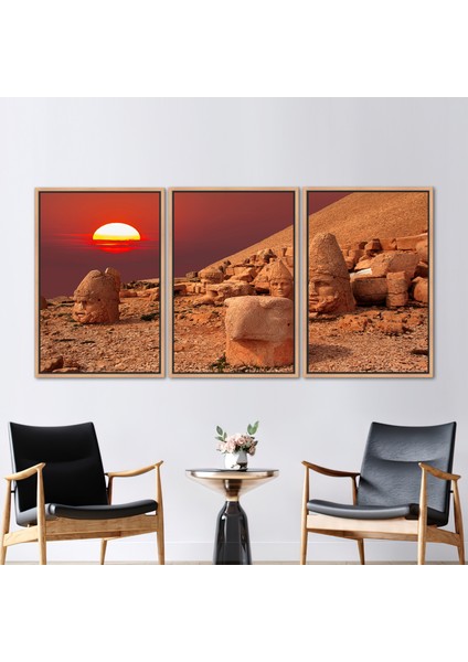 3 Parçalı Naturel Çerçeveli Kanvas Tablo Nemrut Dağı Sanat Nemrut Sunset Kanvas Baskı