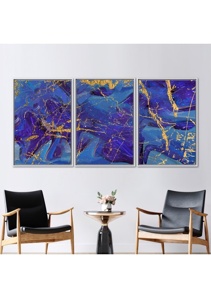 3 Parçalı Beyaz Çerçeveli Kanvas Tablo Modern Mermer Kanvas Baskı Mor ve Altın Posteri