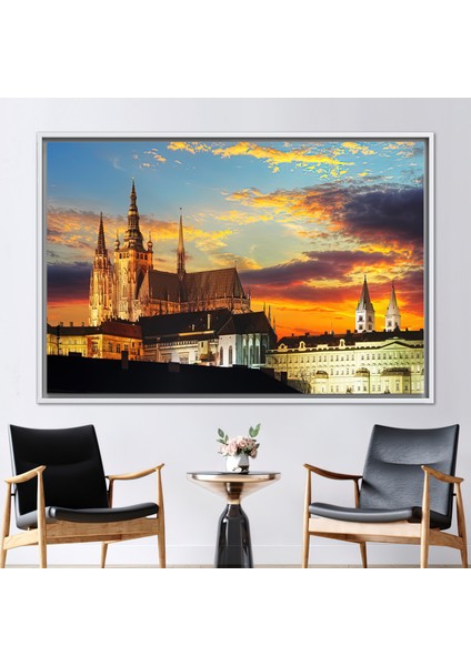 1 Parça Beyaz Çerçeveli Kanvas Tablo Şehir Peyzajı Posteri Prag Seyahati Duvar Süsü