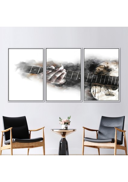 3 Parçalı Beyaz Çerçeveli Kanvas Tablo Müzik Enstrümanları Duvar Süsü Müzik Odası Posteri