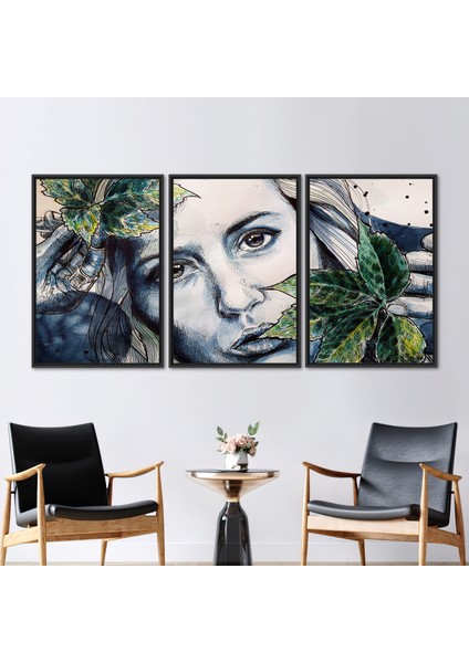 3 Parçalı Siyah Çerçeveli Kanvas Tablo Çiçek 3 Boyutlu Kanvas Soyut Baskılı