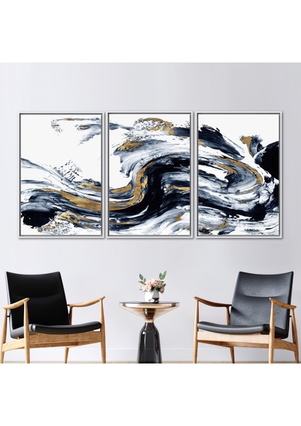 3 Parçalı Beyaz Çerçeveli Kanvas Tablo Mermer Duvar Süsü Alkol Mürekkebi Sanat Eseri