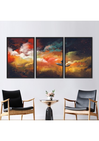 3 Parçalı Siyah Çerçeveli Kanvas Tablo Modern Sanat Adam Kanvas Bulut Denizi Kanvas Poster