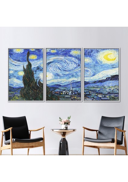 3 Parçalı Beyaz Çerçeveli Kanvas Tablo Üreme 3 Boyutlu Kanvas Starry Night Kanvas Sanatı