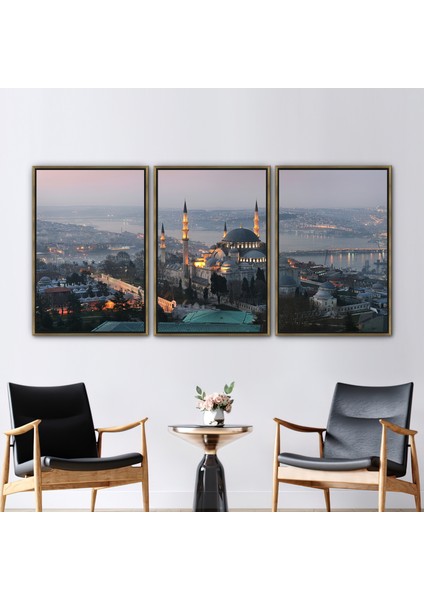 3 Parçalı Gold Çerçeveli Kanvas Tablo Istanbul Seyahat Sanat Suleymaniye Camii Kanvas Baskı