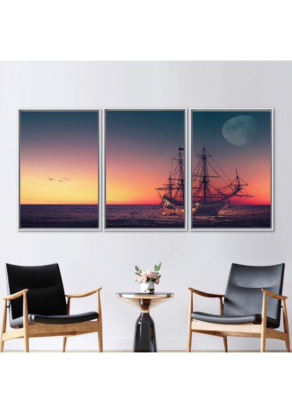 3 Parçalı Beyaz Çerçeveli Kanvas Tablo Deniz Manzarası Kanvas Poster Görüntüleme Duvar Süsü
