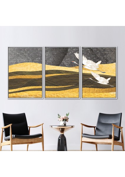 3 Parçalı Beyaz Çerçeveli Kanvas Tablo Leylek Duvar Dekoru Desen Duvar Süsü Modern Hediye Kanvas