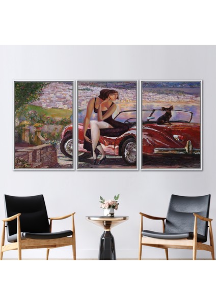 3 Parçalı Beyaz Çerçeveli Kanvas Tablo Kadın Sanat Eseri Soyut Posteri Çağdaş Posteri