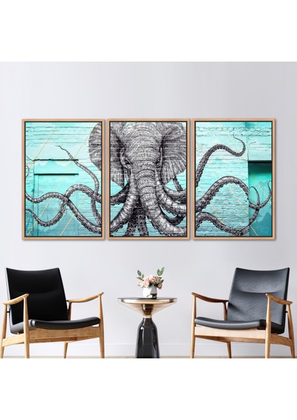 3 Parçalı Naturel Çerçeveli Kanvas Tablo Hayvan Grafiti Duvar Dekoru Ahtapot ve Fil Sanat Eseri