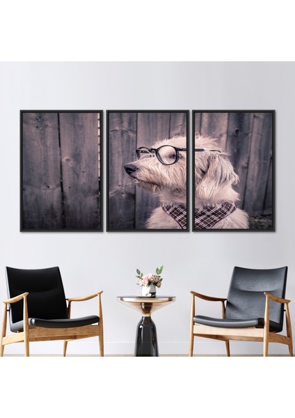 3 Parçalı Siyah Çerçeveli Kanvas Tablo Sevimli Köpek Kanvas Poster Köpek Baskılı