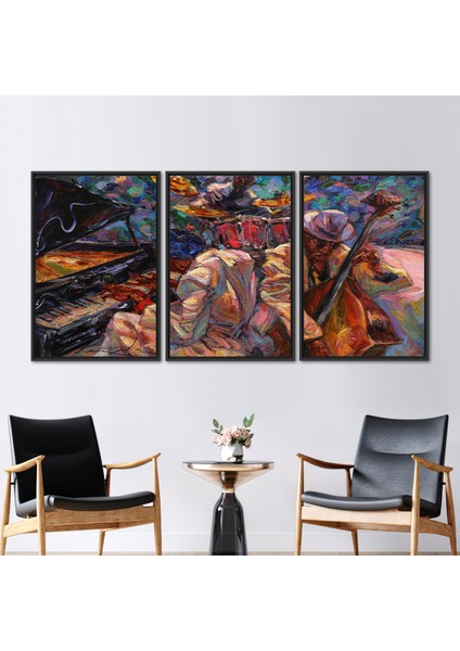 3 Parçalı Siyah Çerçeveli Kanvas Tablo Soyut Kanvas Dekor Piyano Sanat Afrika Sanat