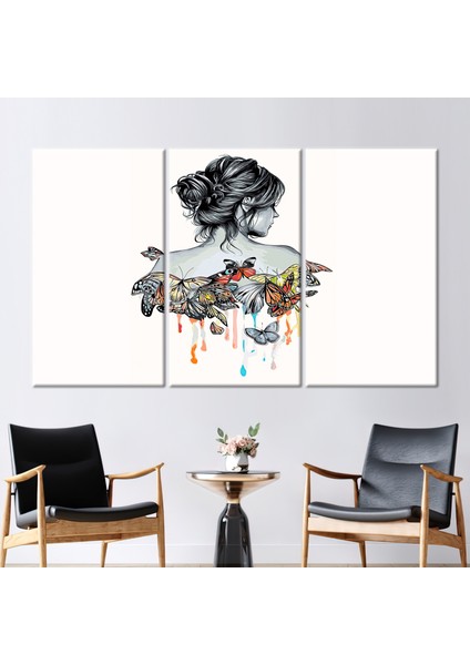 3 Parçalı Kanvas Tablo Kız ve Kelebekler Çizimi Modern Sanat Eseri Soyut Kadın Kanvas Baskı