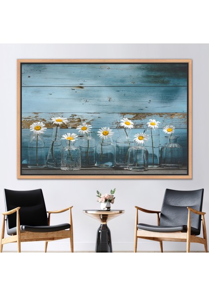 1 Parça Naturel Çerçeveli Kanvas Tablo Cam Şişelerde Papatya Çiçeği Daisy Fotoğraf Kanvas Sanatı