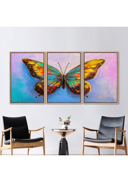 3 Parçalı Naturel Çerçeveli Kanvas Tablo Renkli Kanvas Dekor Kelebek Kanvas Poster