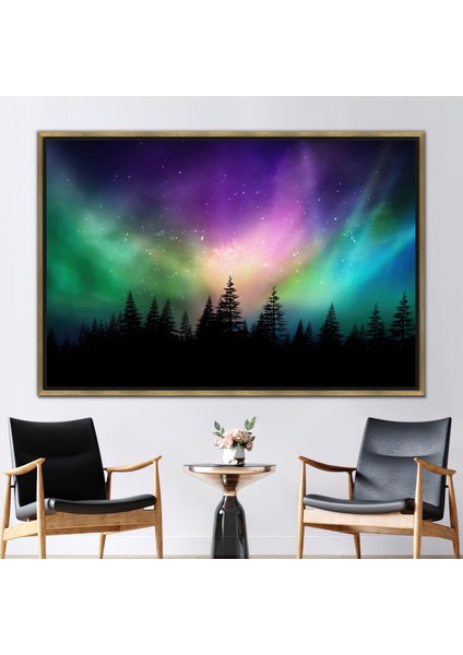 1 Parça Gold Çerçeveli Kanvas Tablo Doğa Duvar Süsü Aurora Borealis 3 Boyutlu Kanvas