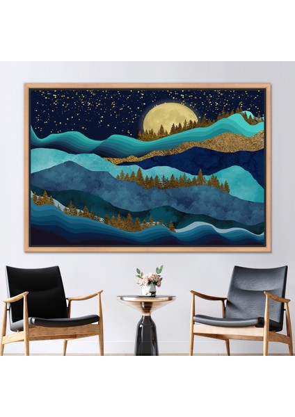 1 Parça Naturel Çerçeveli Kanvas Tablo Altın Orman Manzarası Ay Sanat