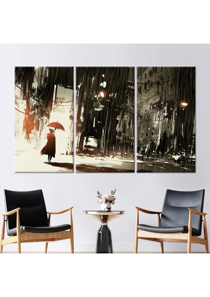 3 Parçalı Kanvas Tablo Kadın Duvar Süsü Yağmurlu Gün Kanvas Yalnız Kadın Sanat