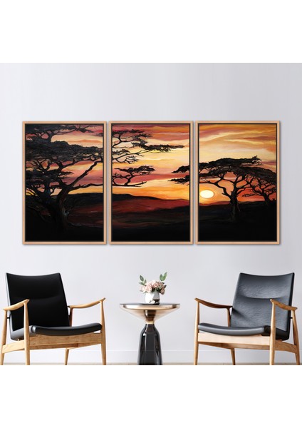 3 Parçalı Naturel Çerçeveli Kanvas Tablo Savannah Ağacı Resim Afrika Gün Batımı Kanvas Sanatı