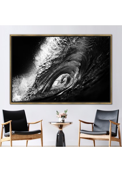 1 Parça Gold Çerçeveli Kanvas Tablo Siyah Beyaz Sörf Sörf 3 Boyutlu Kanvas